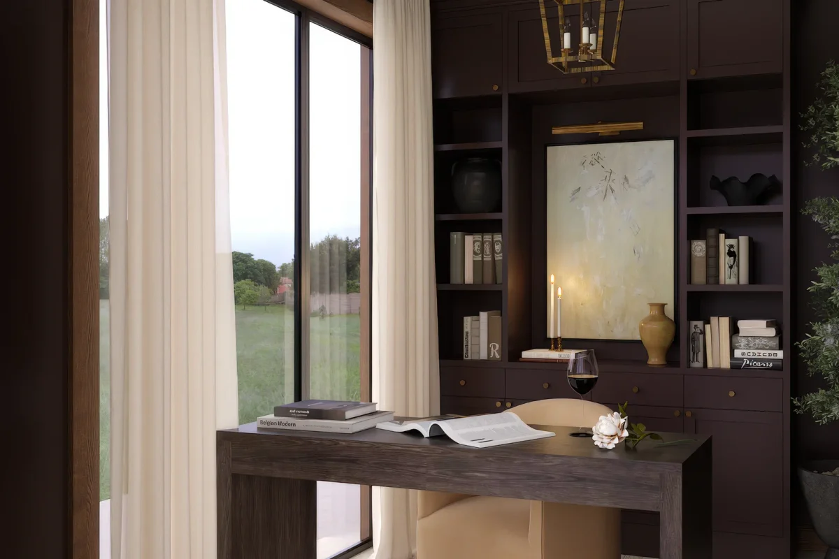 Espresso built-in shelving wall with brass drawer pulls, open book cubbies, cabinet doors, and centered framed art in a dark home office
