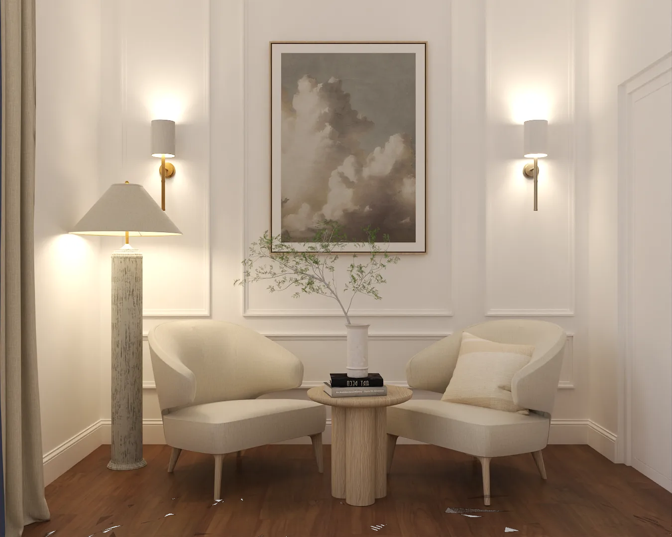 Reading nook with two cream curved chairs, cloud painting, and brass sconces