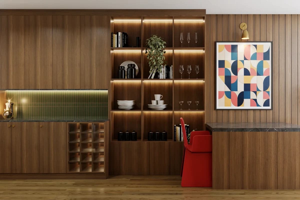Floor-to-ceiling walnut built-in bar cabinet with LED-lit open shelving, wine rack, green tile backsplash, and dark marble counter
