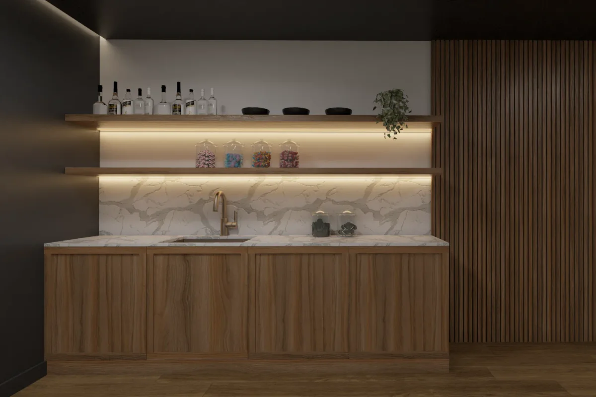 Walnut flat-panel wet bar with marble slab counter and backsplash, LED floating shelves displaying spirits, and vertical wood slat accent wall