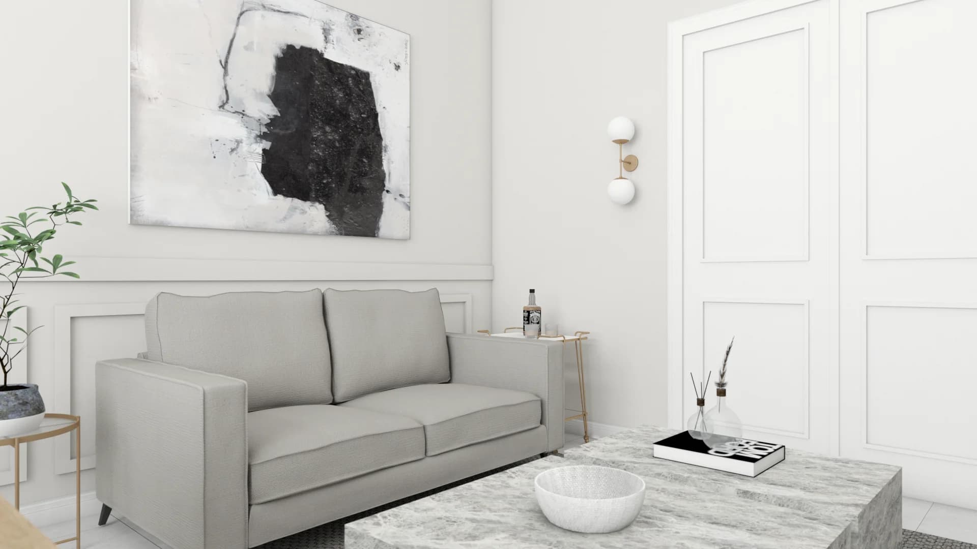 Gray sofa with marble coffee table, abstract wall art, wainscoting panels, and brass sconce
