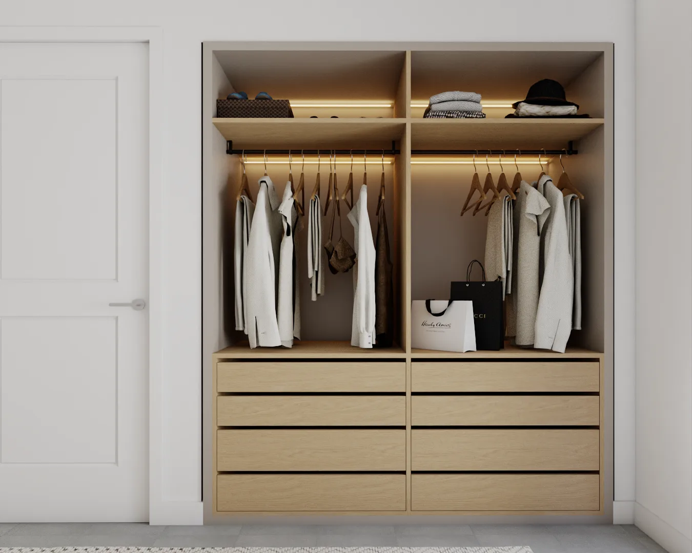 Built-in wardrobe with dual hanging sections, LED shelf lighting, and six-drawer base in natural wood