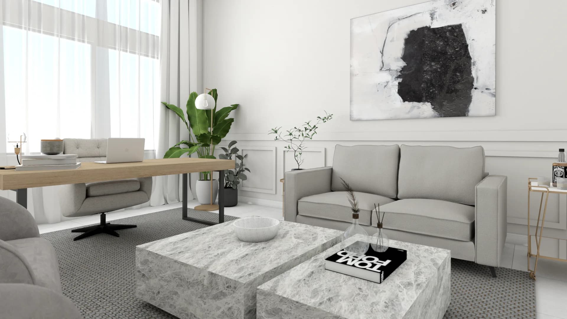 Wide room view with gray sofa, marble coffee tables, wood desk, and abstract wall art