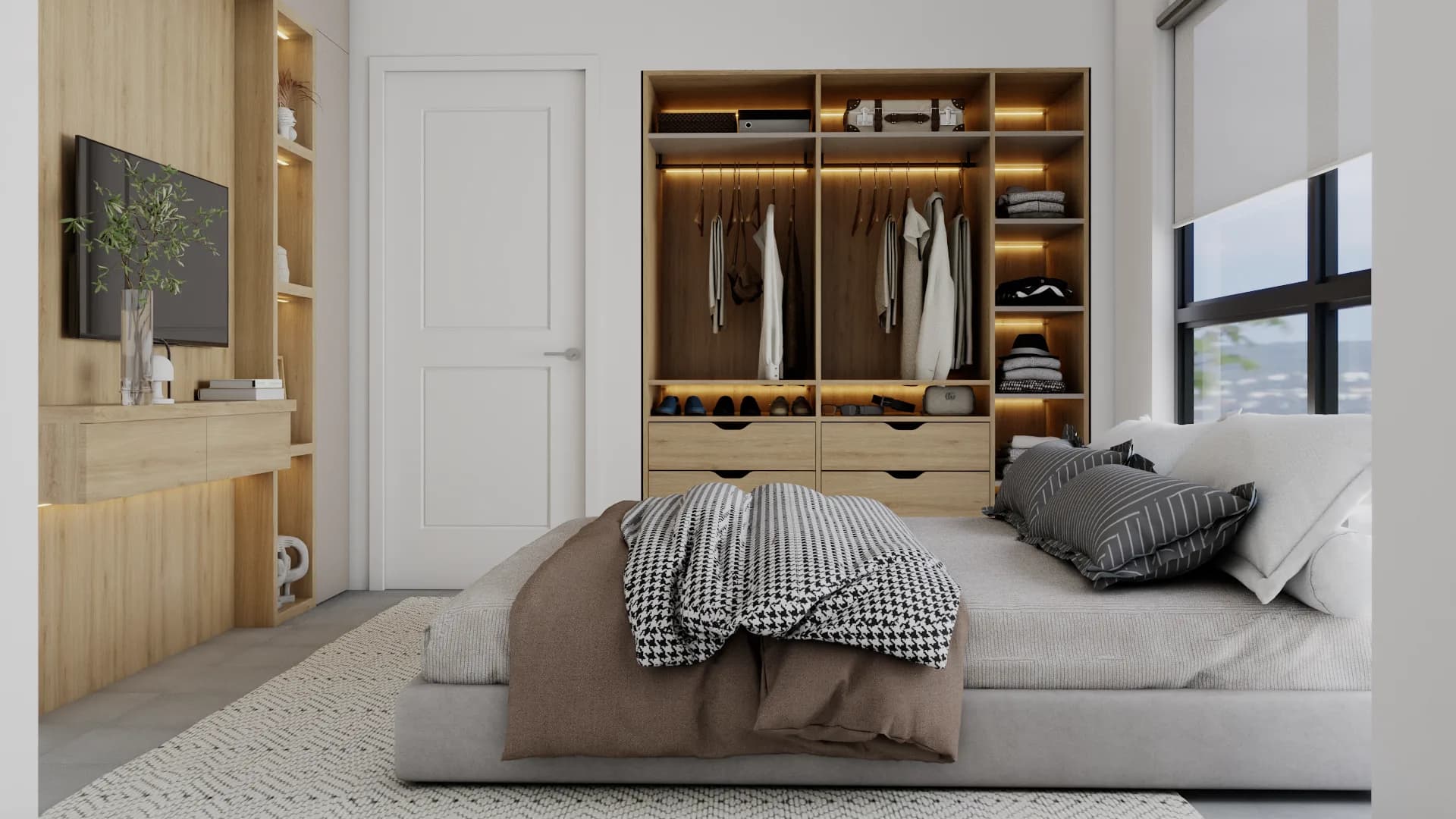 Oak TV media wall with floating console, LED-lit display niches, and open wardrobe in white bedroom