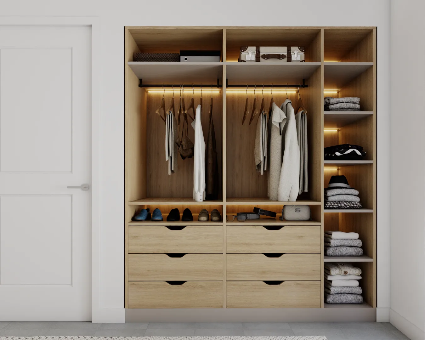 Light oak reach-in wardrobe with dual hanging rods, LED strip lighting, six drawers, and open shelving tower
