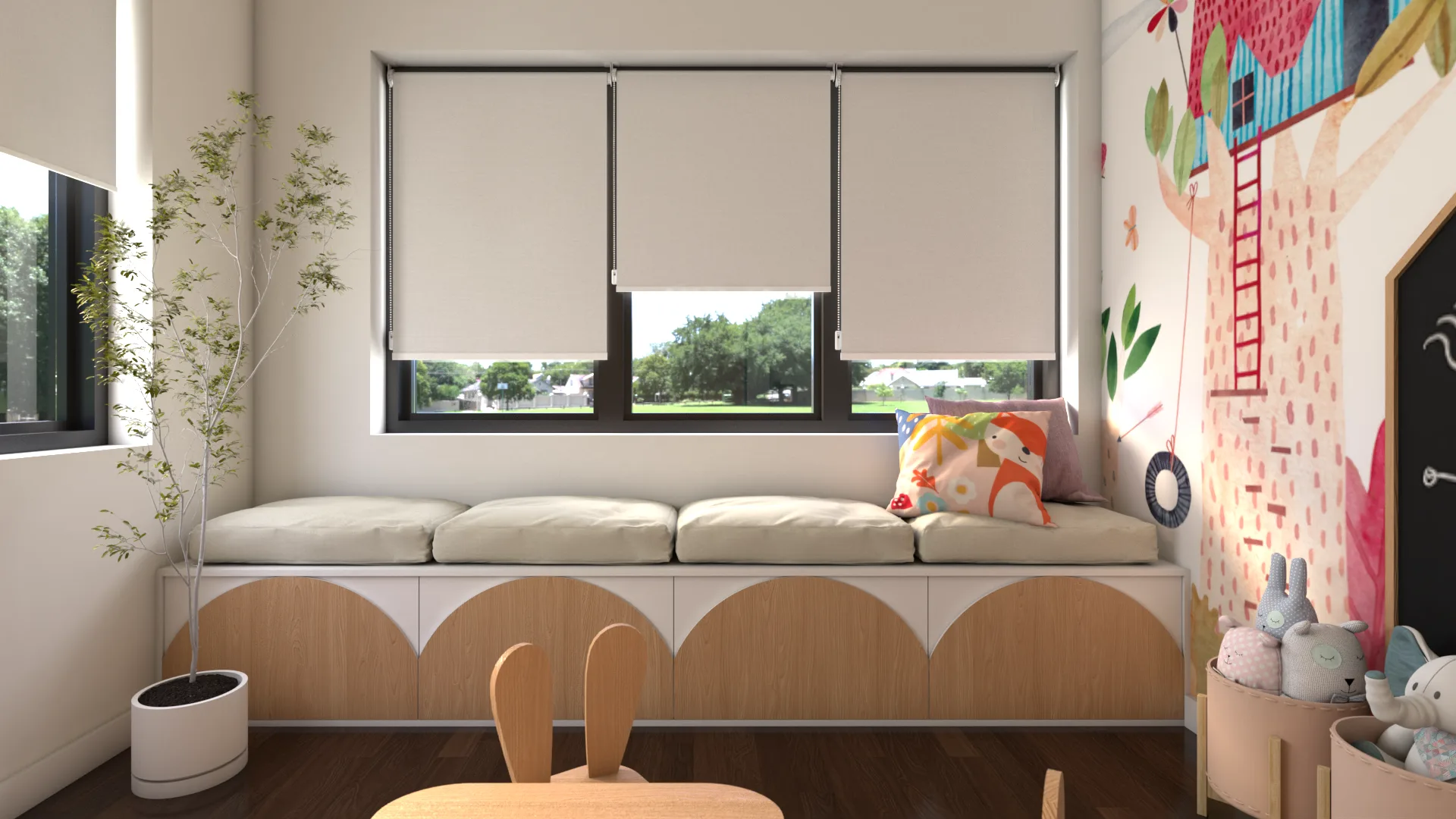 Close view of scallop-arch oak storage bench with three cushion sections, roller shades above, and t