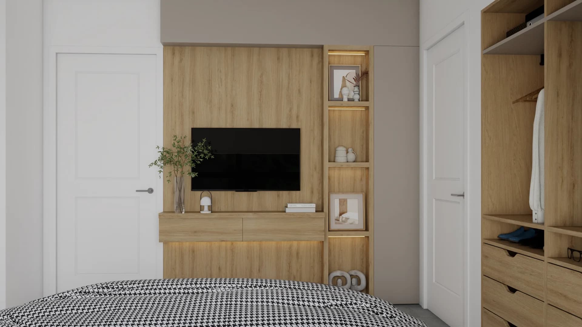 Oak wood TV media wall with open display shelves and drawer console in bedroom
