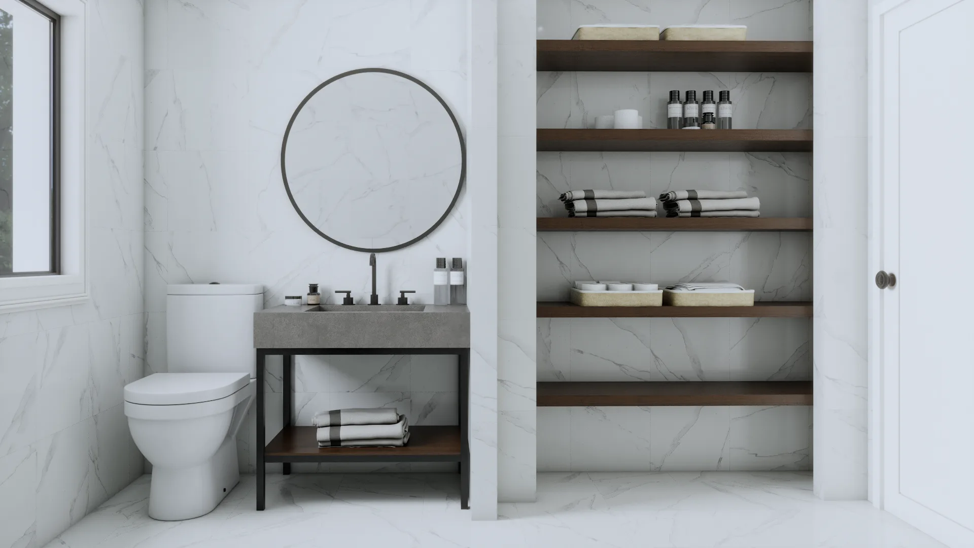 Recessed walnut floating shelves built into white marble bathroom niche with towels and toiletries