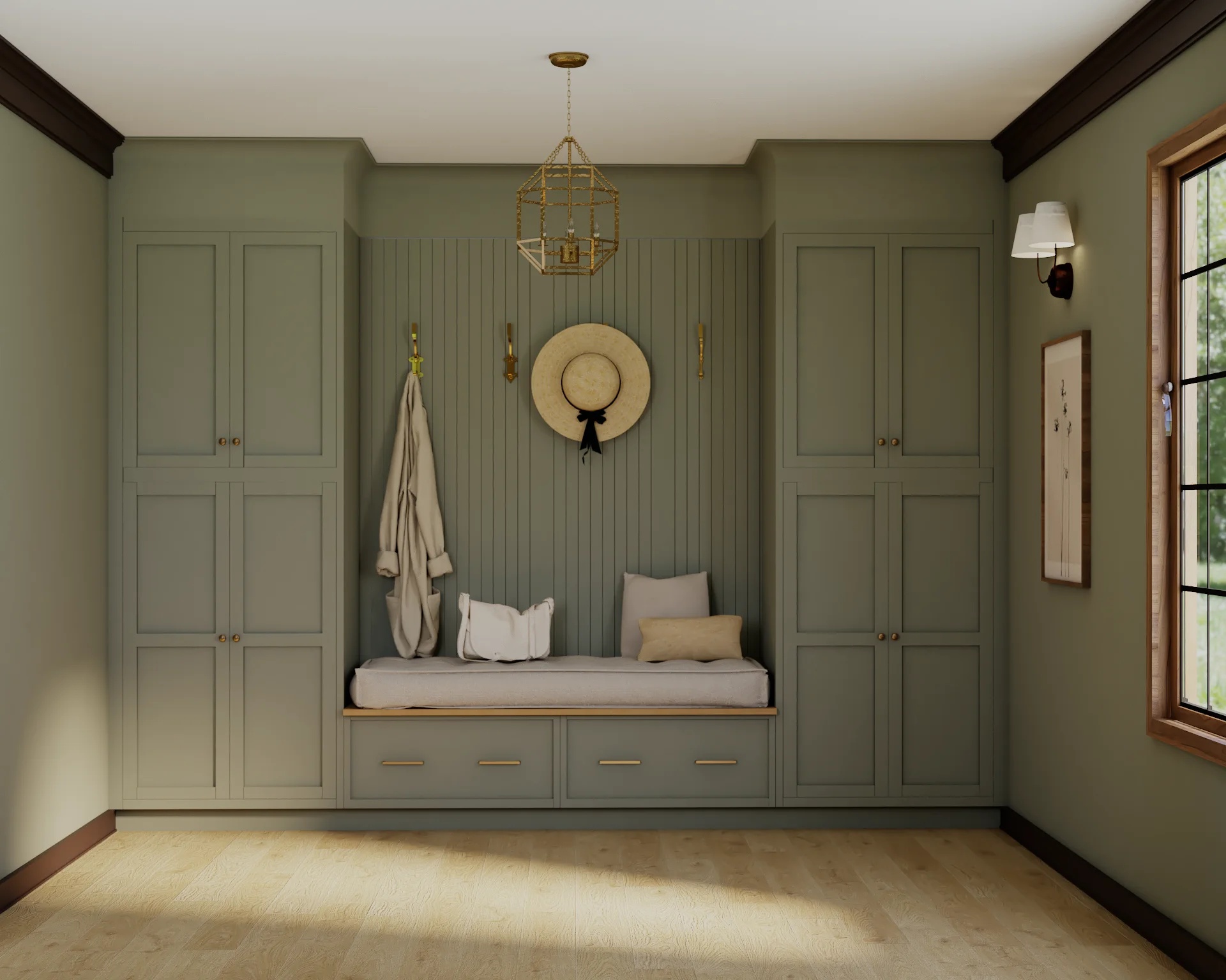 Sage built-in mudroom with flanking wardrobes, padded bench, beadboard back, and brass caged lantern pendant