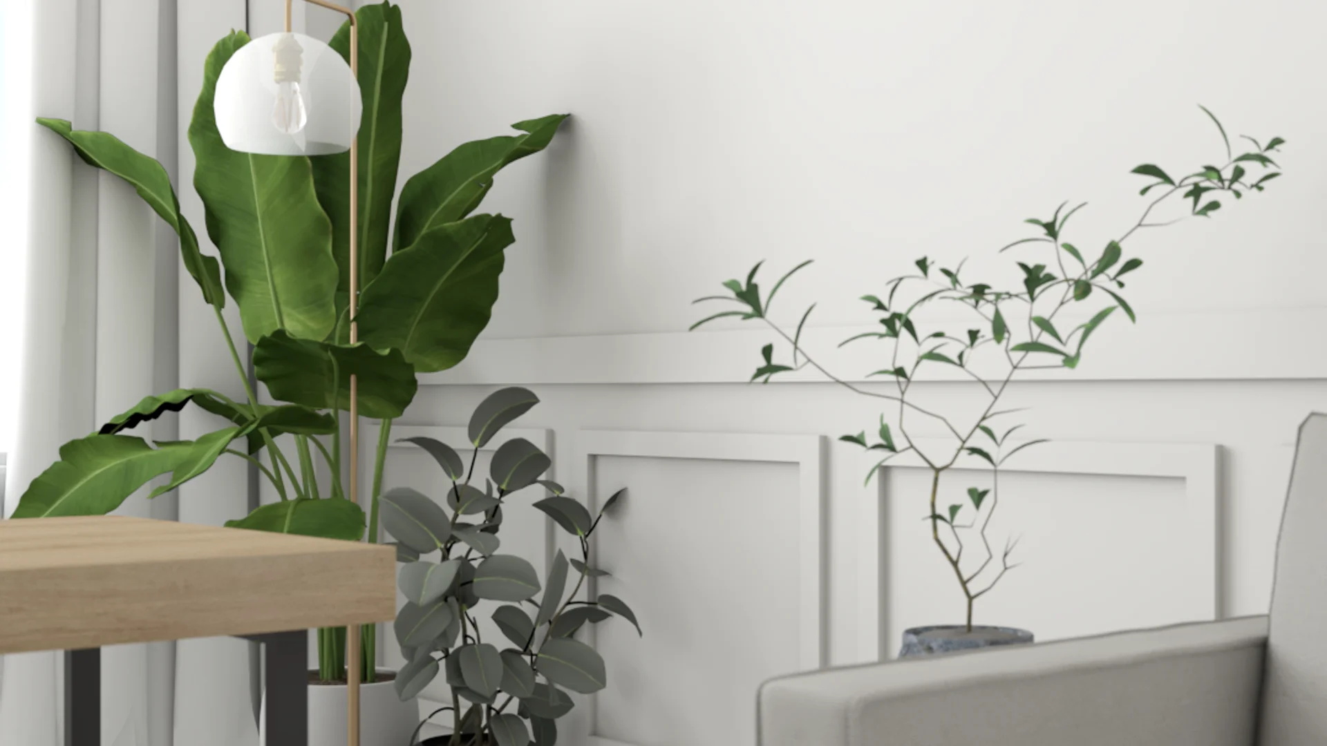 Corner vignette with tropical plants, globe pendant lamp, wood desk edge, and wainscoting panels