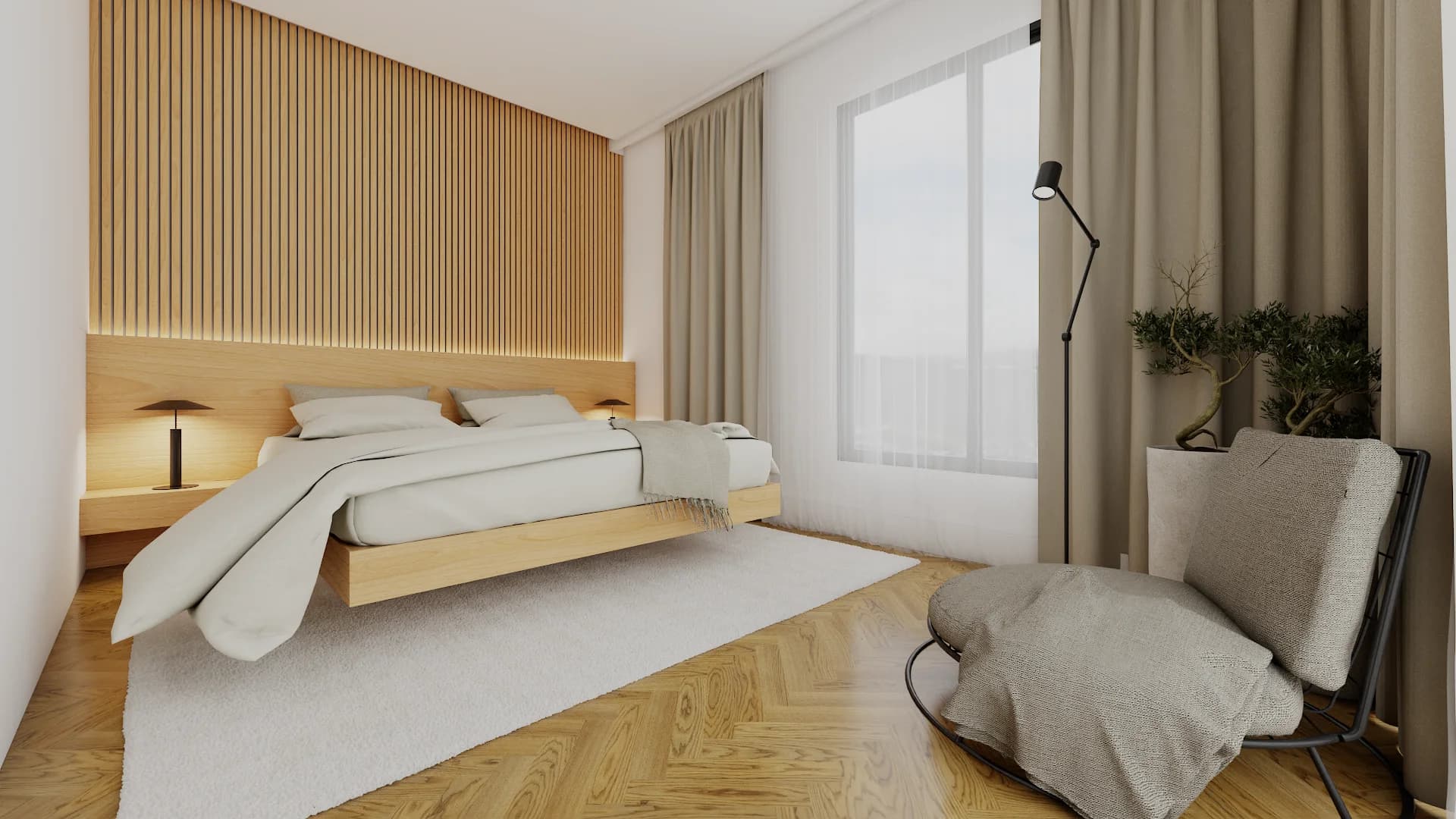 Japandi bedroom with vertical oak slat feature wall, floating platform bed, and herringbone parquet floor