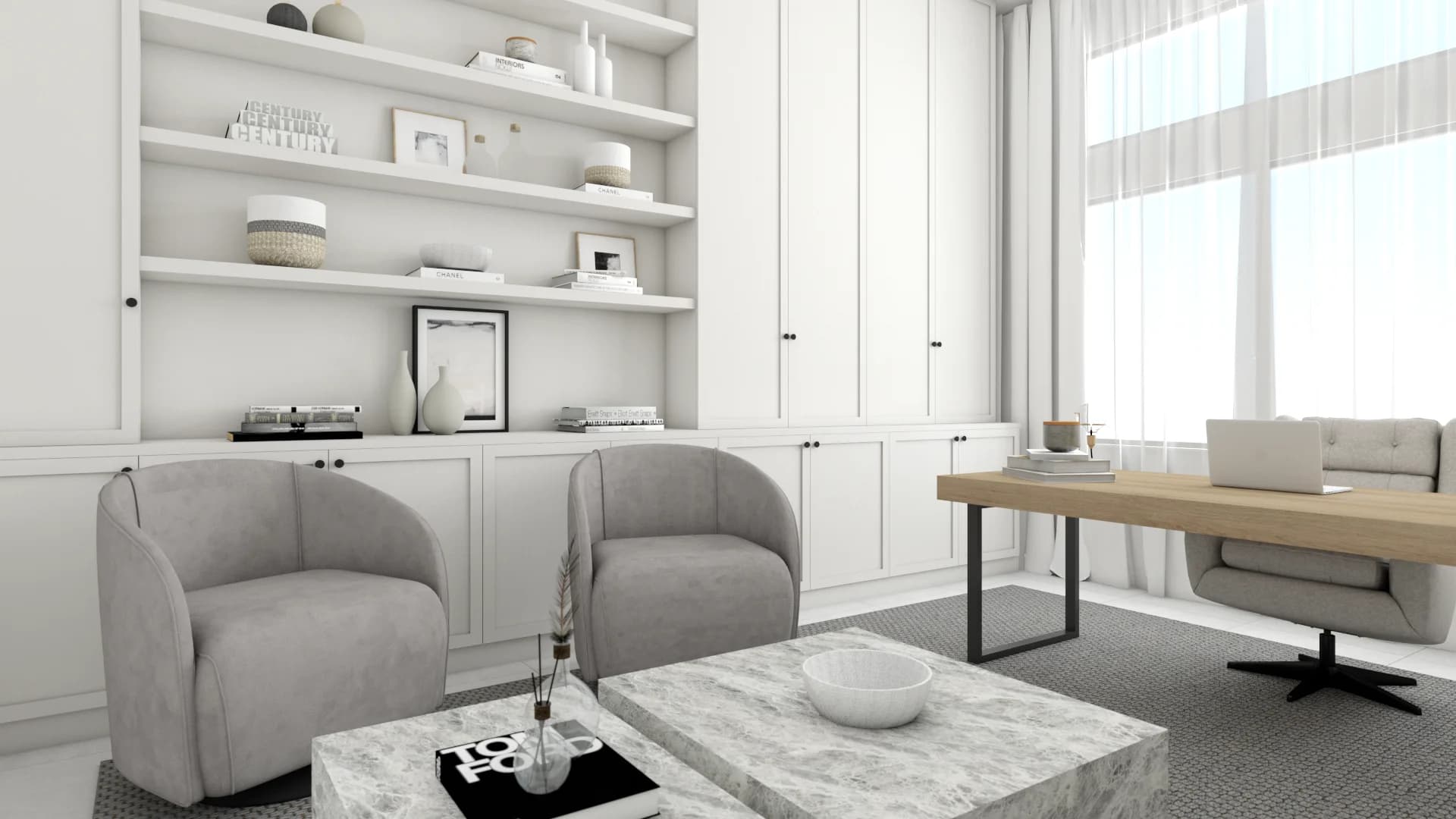 White built-in shelving wall with open display shelves, lower cabinets, gray barrel chairs, and marble coffee table