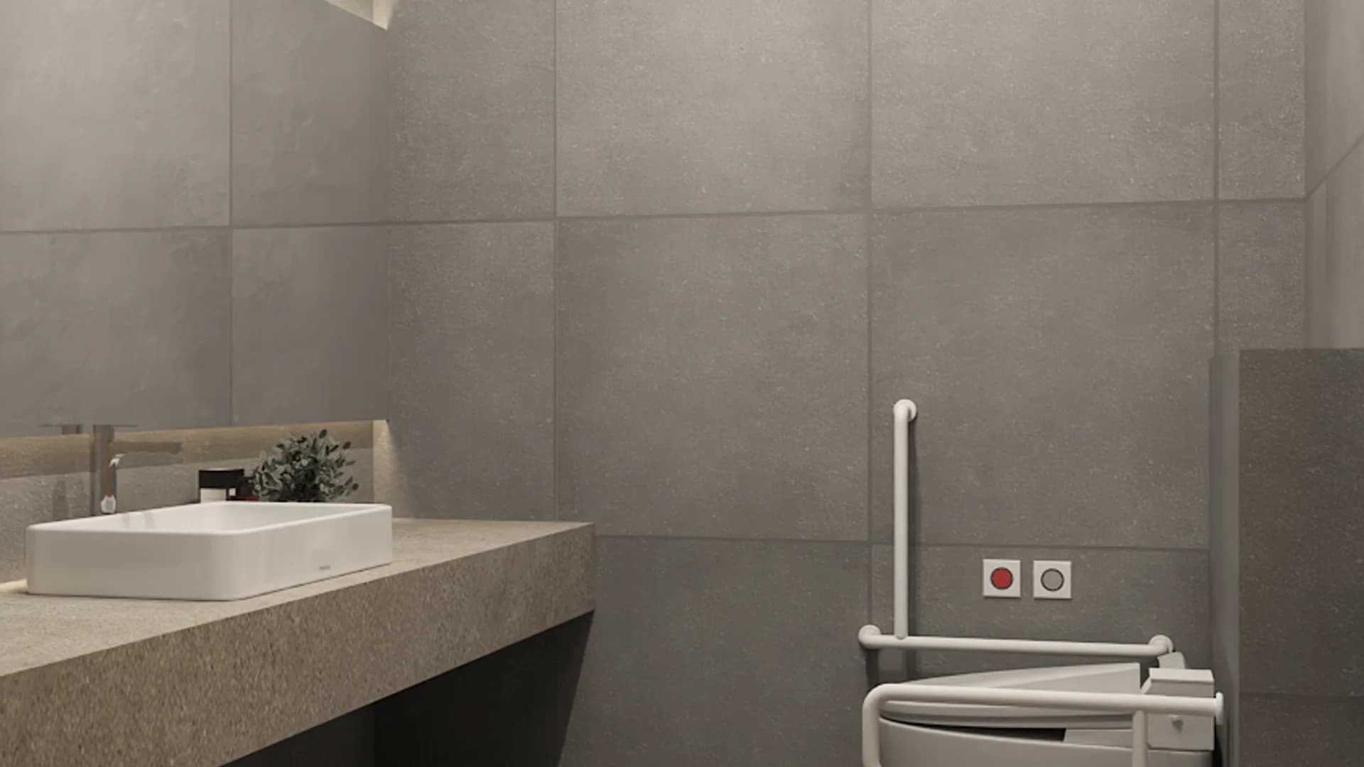 ADA-accessible cafe restroom with large format gray concrete tile walls, vessel sink on stone vanity, and white grab bars at toilet