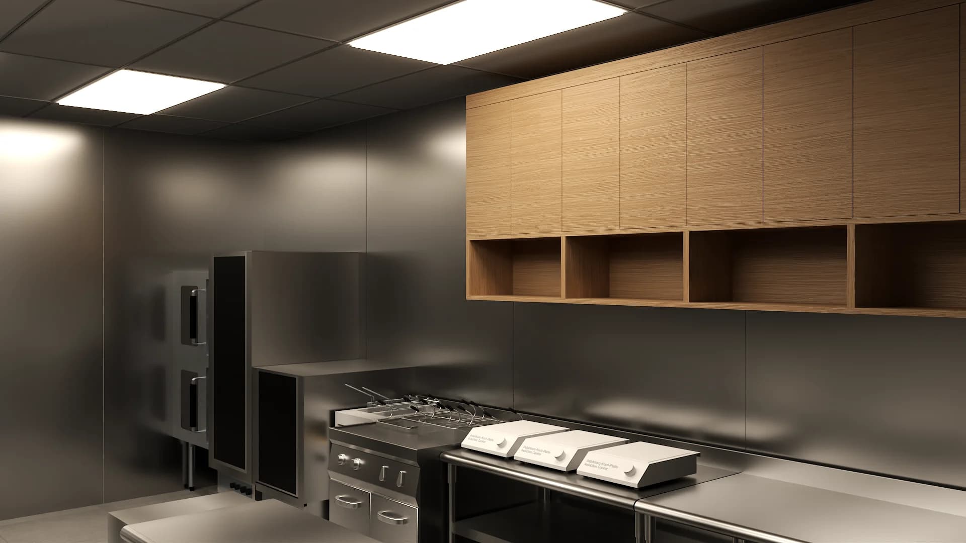 Commercial pastry kitchen with stacked deck ovens, stainless steel range, and light oak wall cabinets with open cubbies