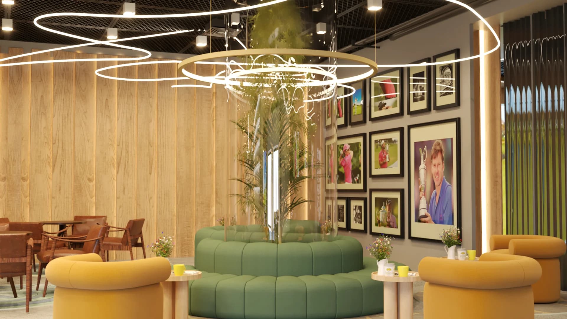 Circular green banquette around a tall palm planter with gold halo pendants and golf photo wall