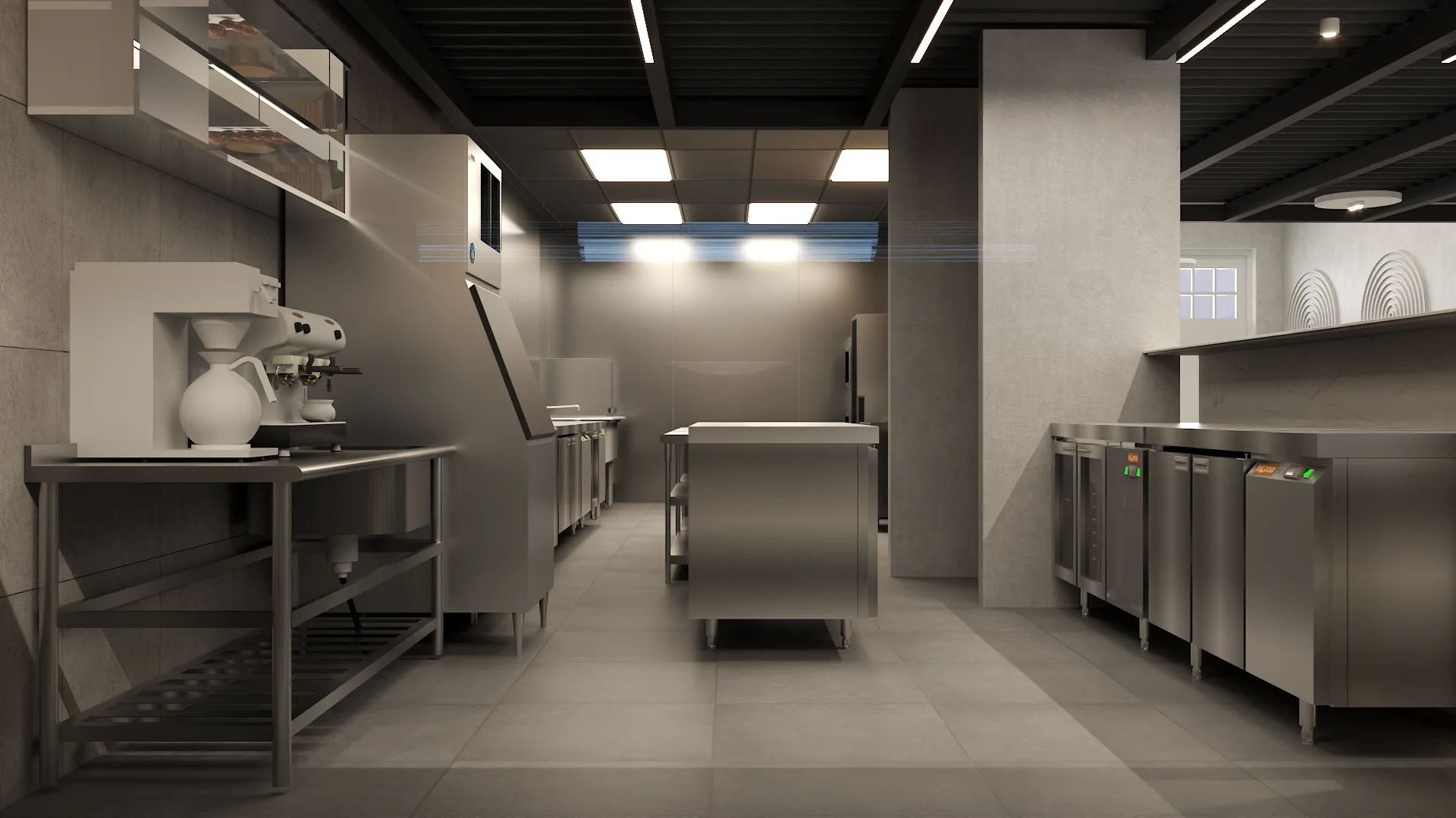 Back-of-house prep kitchen with full stainless steel island, reach-in coolers, dishwasher, and overhead panel lighting