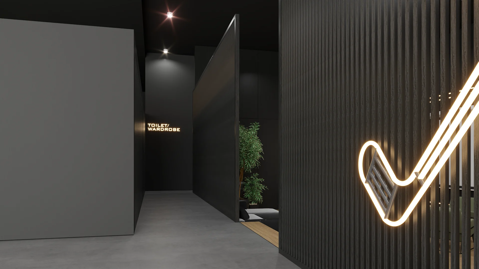 Dark corridor with directional signage, fluted wall panels, and golf club neon on right wall