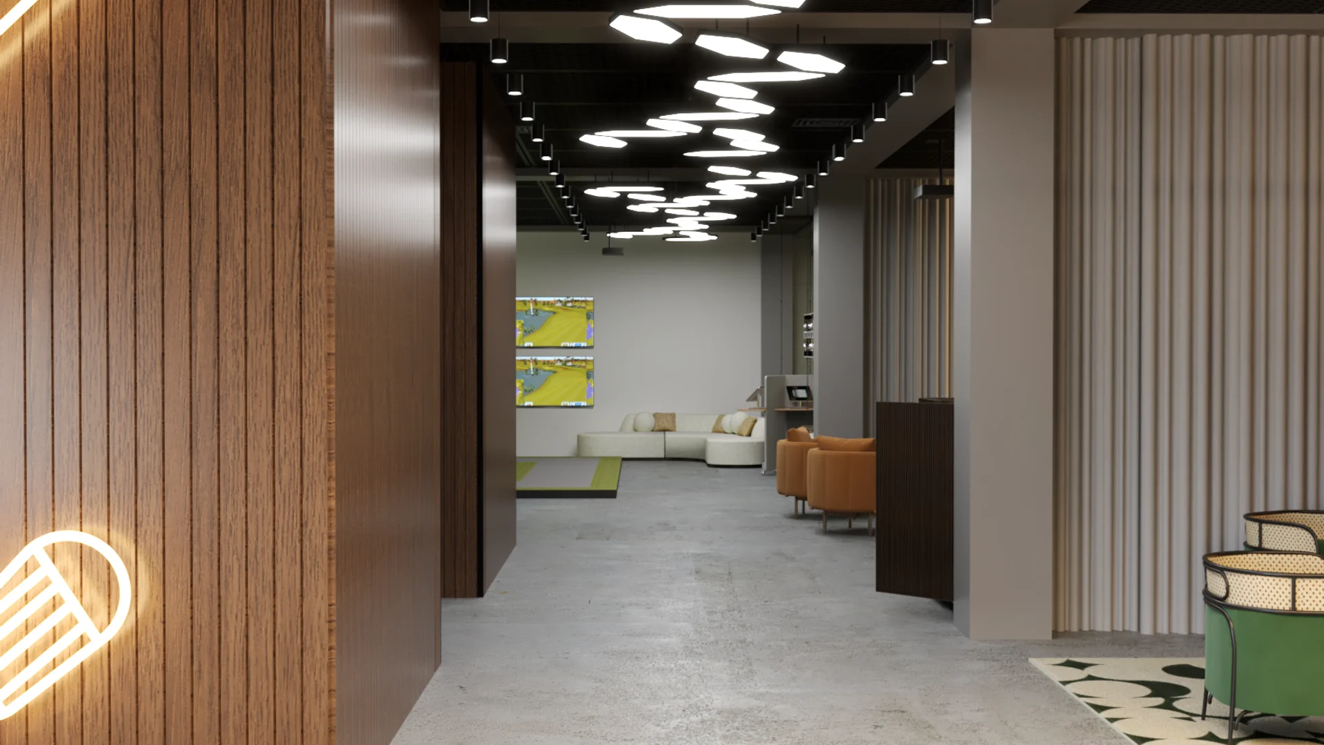 Corridor with dark wood panel walls, bubble track lighting, and glowing golf club neon sign