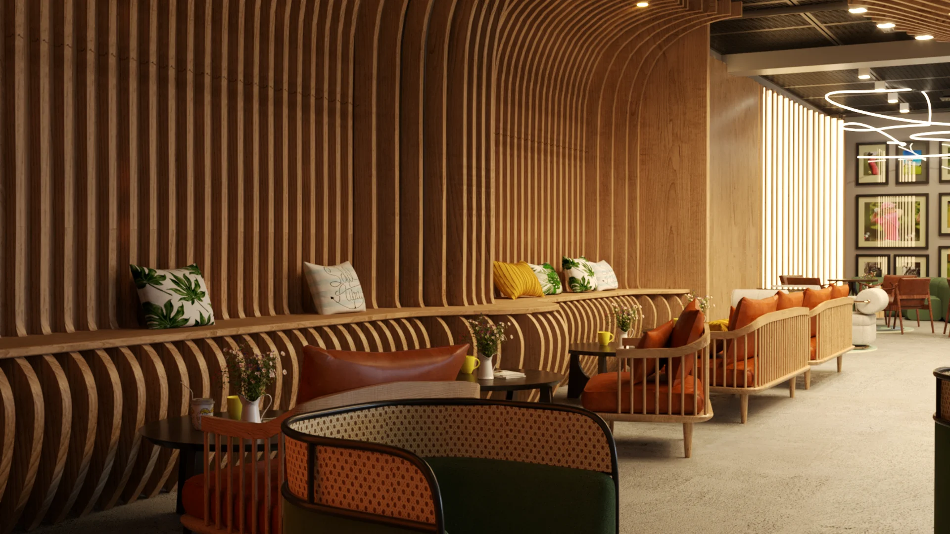 Curved wood slat wall with built-in leather banquette seating and rattan accent chairs