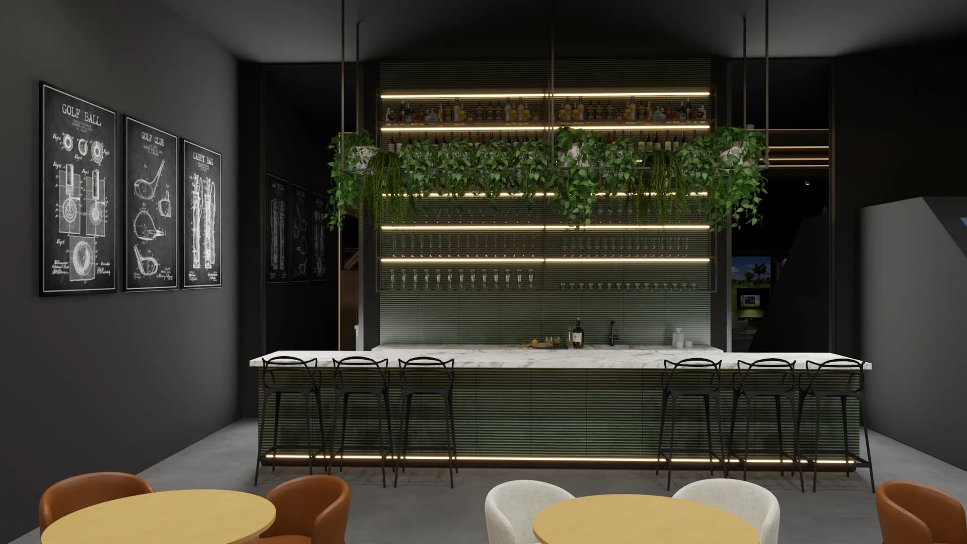Dark bar with white marble counter, hanging trailing plants, backlit shelves, golf patent art