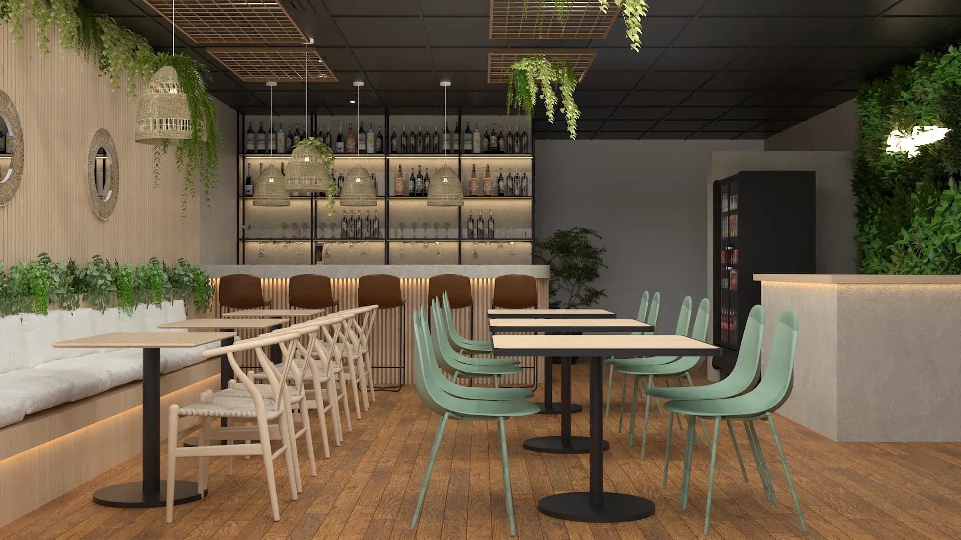 Cafe bar interior with abundant trailing plants hanging from dark ceiling grid, mint green shell chairs at wood tables, full bar with glass bottle shelving, wood-paneled walls with warm LED backlighting, white banquette seating, and ornate round mirror designed by Debora Interiors