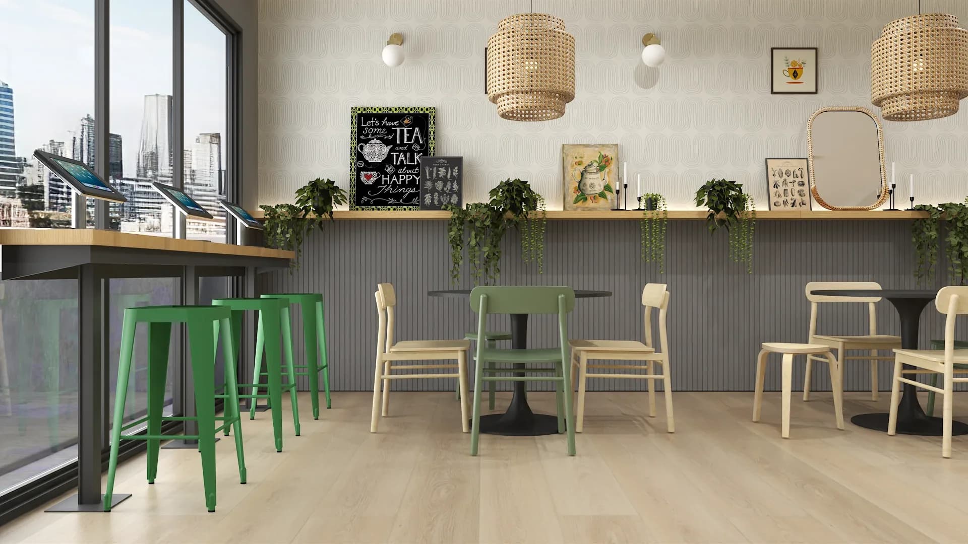 Tea shop window seating area with green metal bar stools along a natural wood counter facing floor-to-ceiling windows with city skyline views, rattan pendant lights overhead, sage and cream wooden chairs at small black pedestal tables, trailing plants on a wall shelf with framed artwork and a chalkboard sign