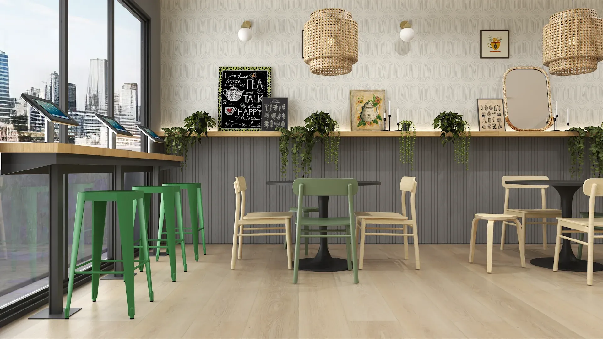 Urban tea shop interior with city skyline visible through large windows, rattan drum pendant lights, green metal bar stools at window counter, pale wood chairs and tables, gray fluted wainscoting, wall shelf with trailing plants and framed art, and light wood plank flooring designed by Debora Interiors