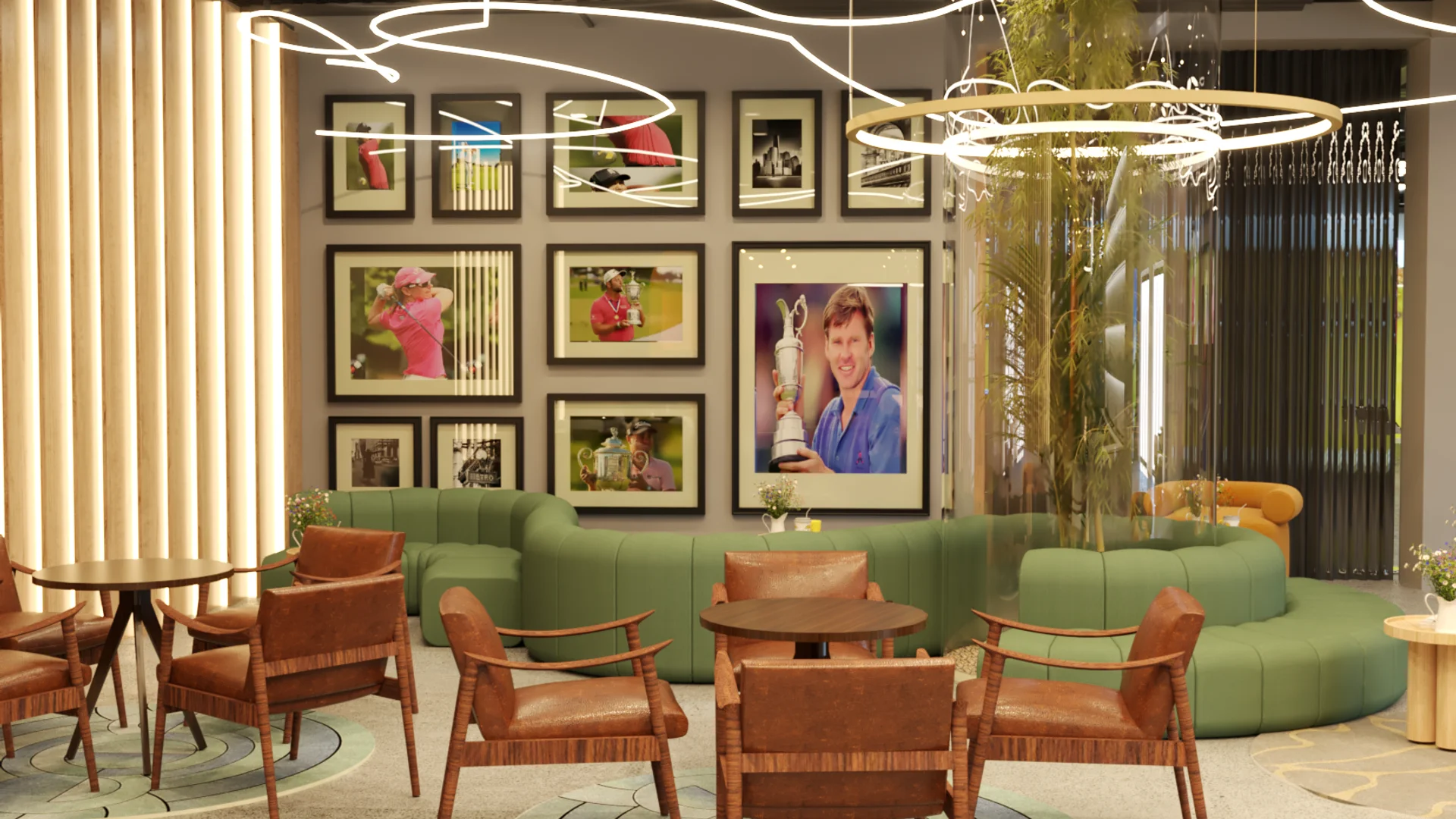 Green curved sofa facing framed golf photography gallery wall with leather chairs and halo pendant