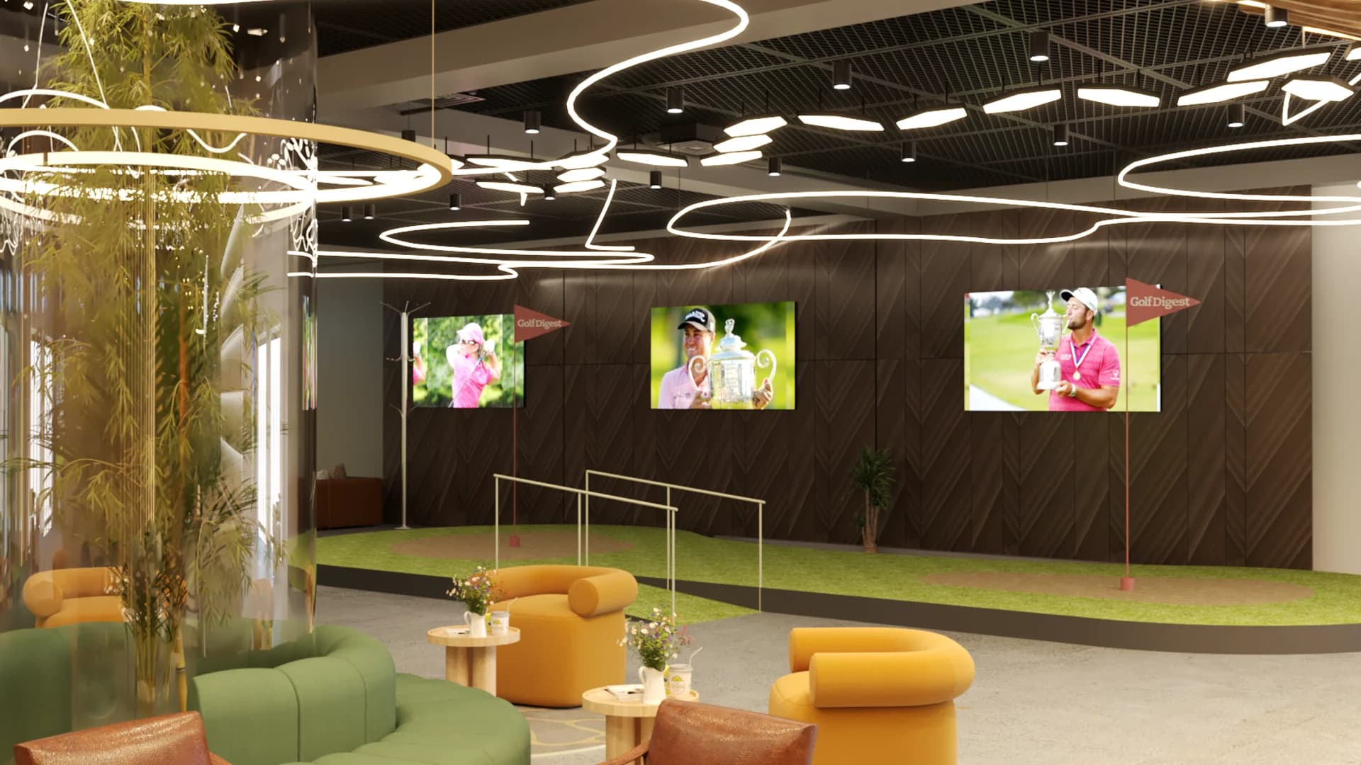 Wide lounge with green sofa and yellow ottomans transitioning to golf simulator bay with screens