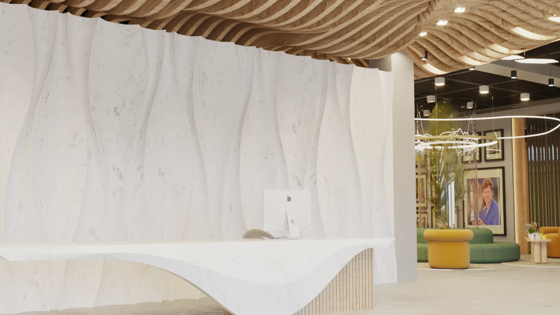 Large sculptural white marble reception desk with wavy veining beneath rippled wood slat ceiling