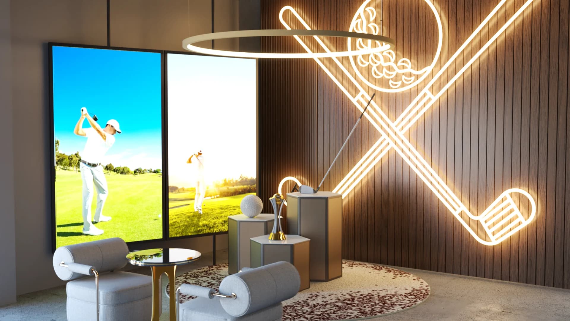 Crossed golf clubs neon wall art beside large golf screen with white swivel chairs and trophies