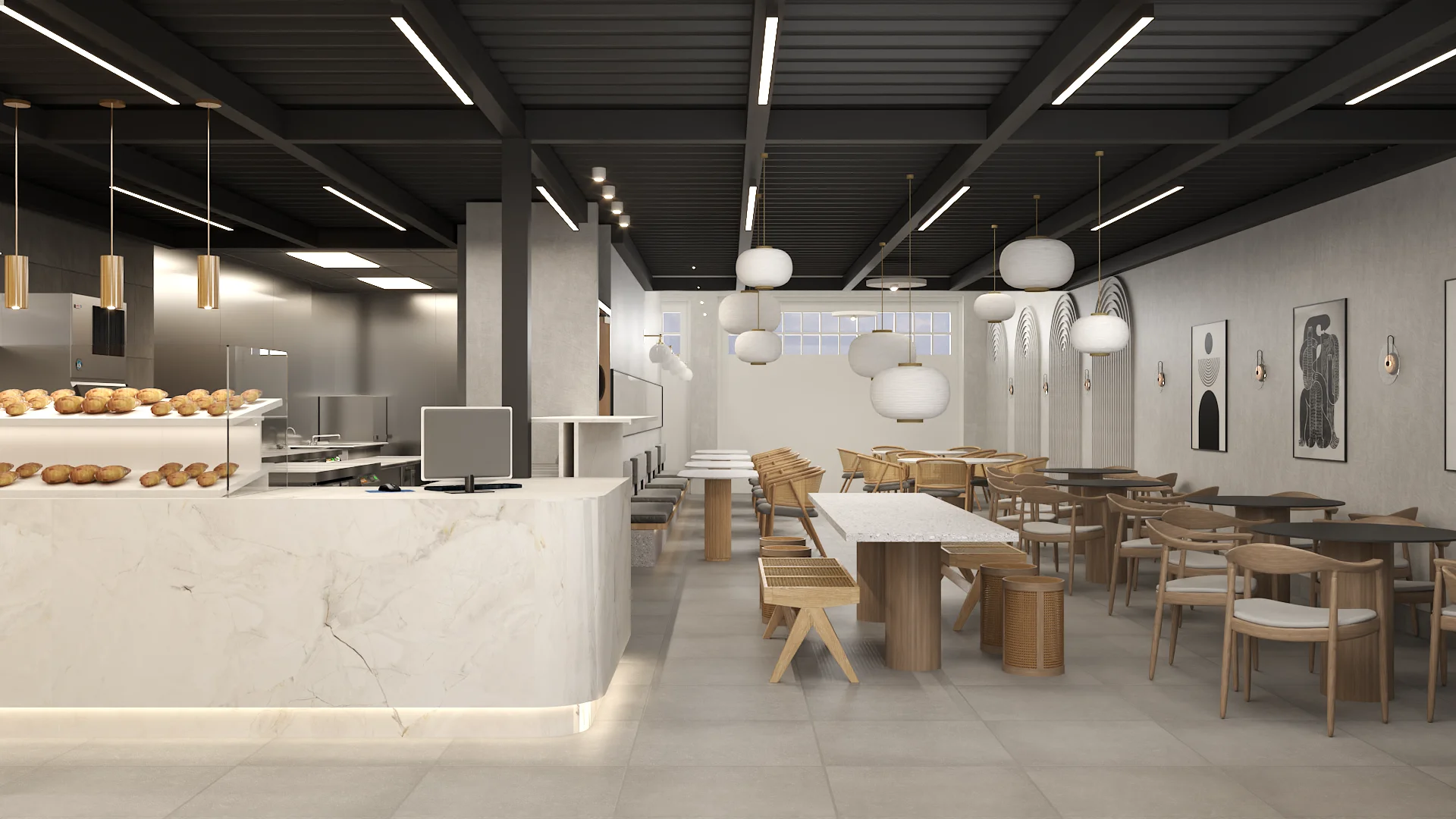 Marble bakery counter with pastries, oak rattan chairs, globe pendants, charcoal beam ceiling.