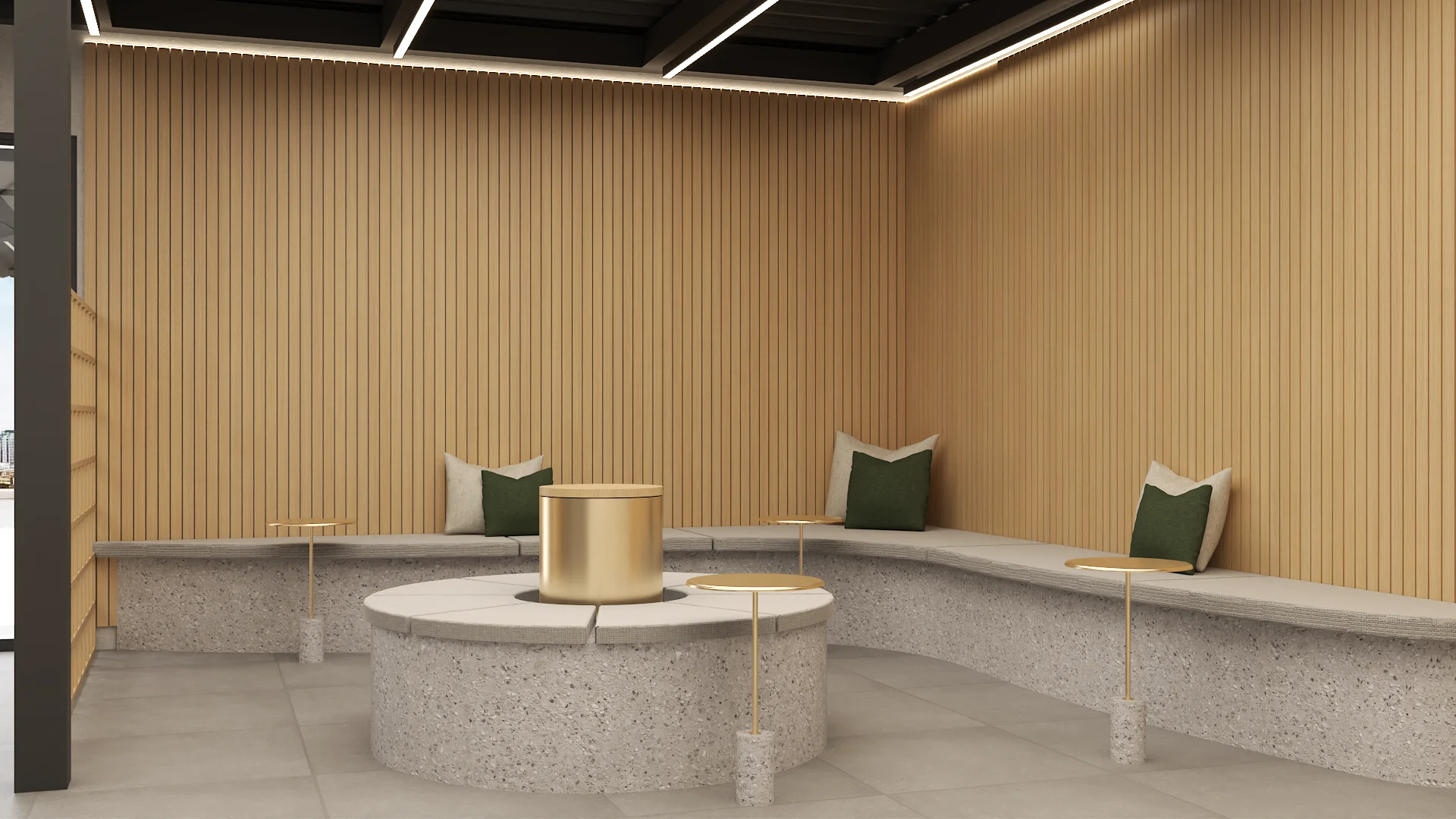 Waiting lounge with floor-to-ceiling oak slat walls, curved terrazzo bench seating, and brass side tables