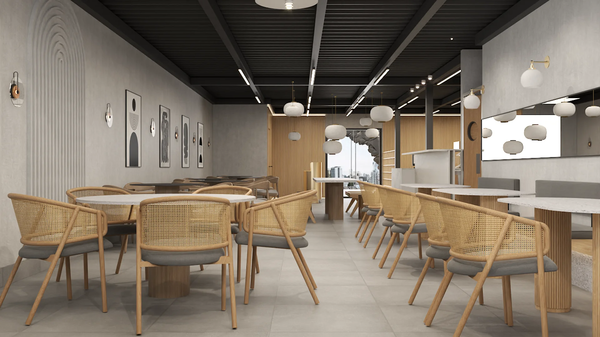 Dining bay with woven rattan armchairs at round wood tables, globe pendants, and framed abstract wall art