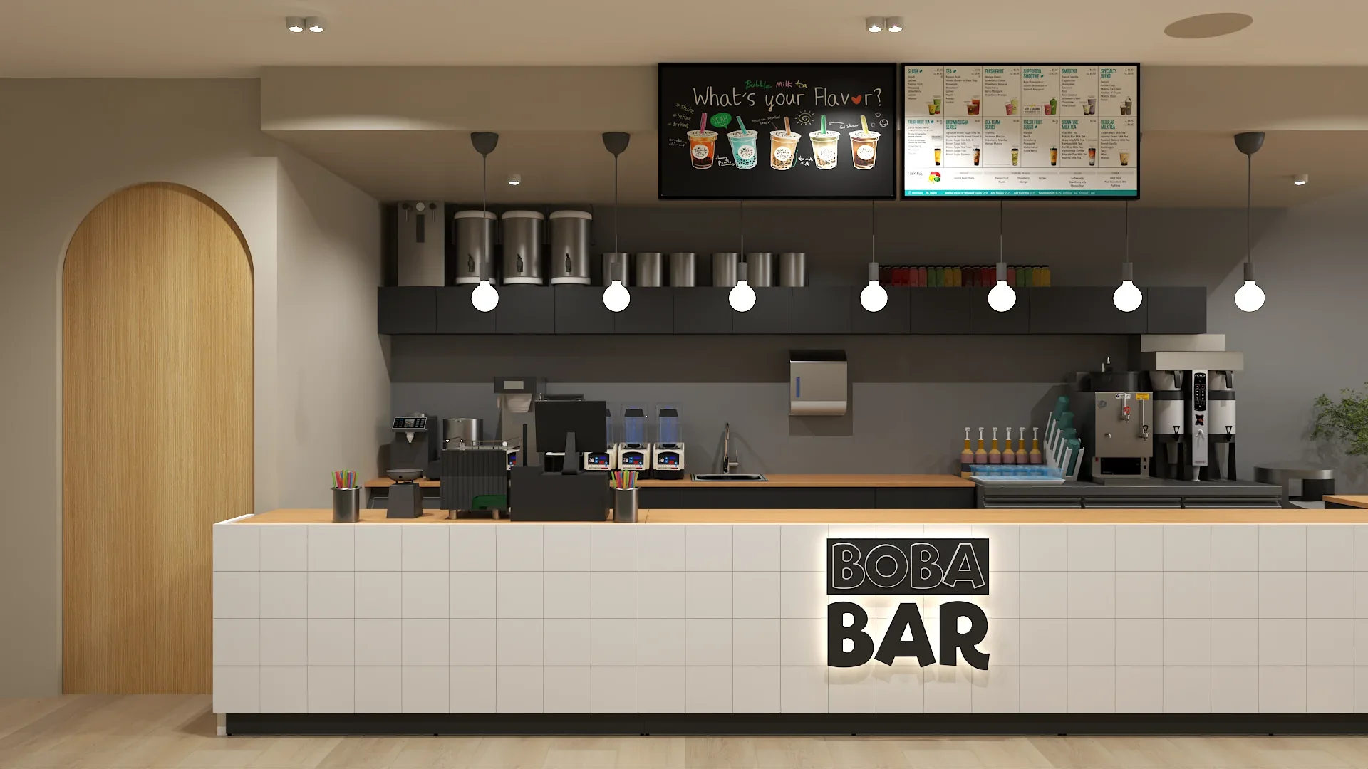 Boba cafe service counter with white square tile front, natural wood countertop, stainless steel tea brewing equipment, colorful syrup bottles on dark gray shelving, chalkboard menu art, digital menu display, globe pendant lights, and arched wood door detail on the left wall