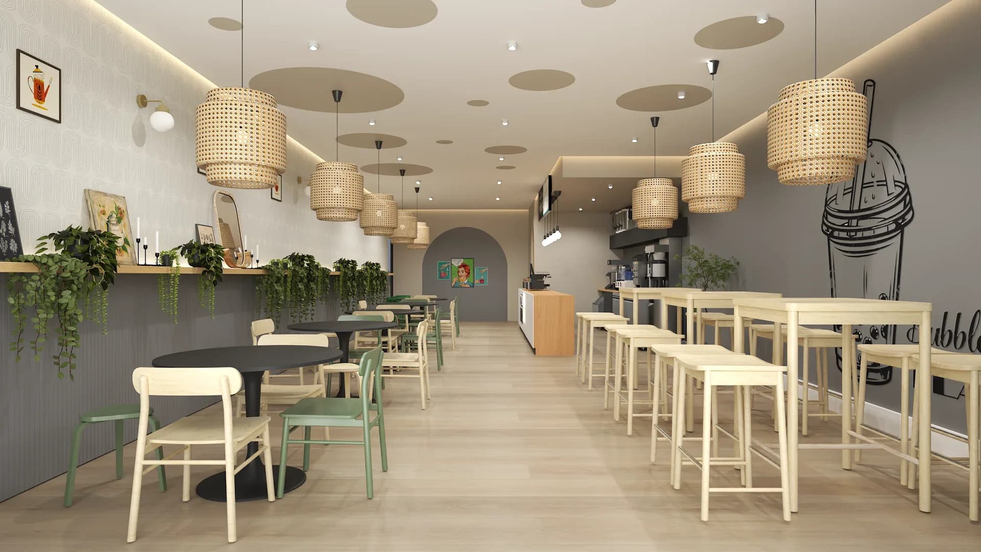 Spacious boba cafe dining area with woven rattan cylinder pendant lights hanging from a white ceiling with circular cutouts, light wood flooring, cream and sage green chairs around dark round tables, trailing green plants along a gray wainscot shelf, and a gray arched doorway leading to the counter area