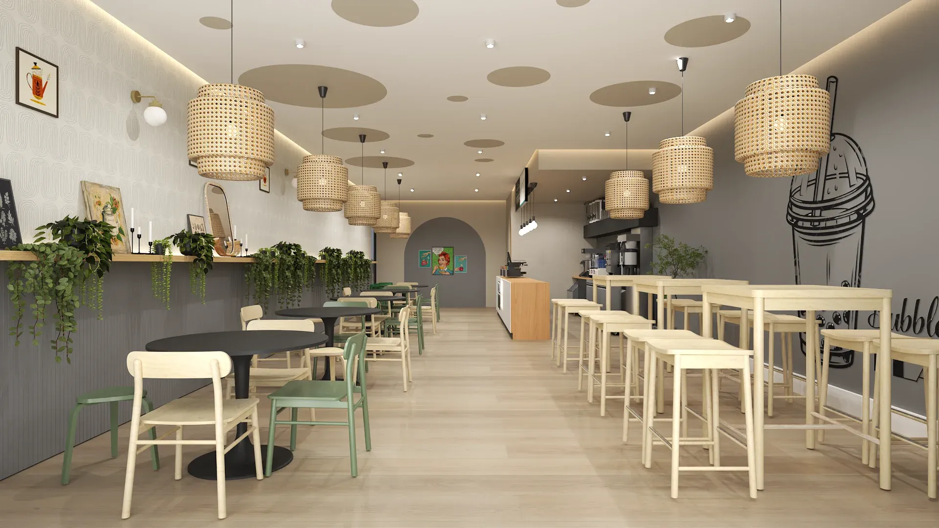Bright boba tea cafe interior with multiple large rattan woven basket pendant lights at varying heights, mint green and cream wood chairs, black circular tables, trailing green plants on wall shelf, and light wood plank flooring designed by Debora Interiors