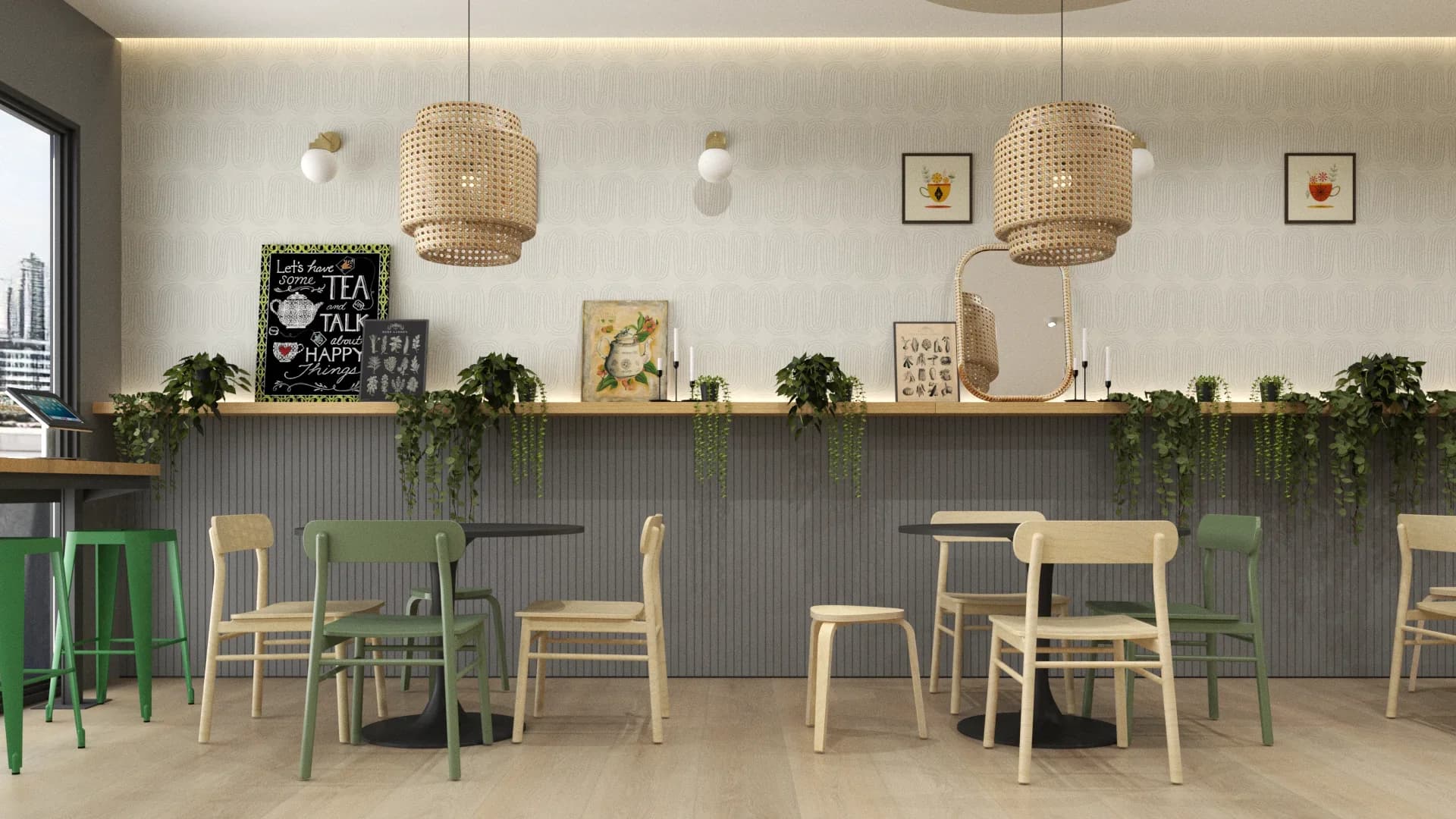 Cafe interior featuring two woven rattan drum pendant lights, gray fluted wainscoting below a natural wood display shelf with trailing potted plants, chalkboard tea sign, framed botanical prints, a round mirror, sage green and cream wooden dining chairs at small black pedestal tables, and warm LED strip lighting along the upper wall