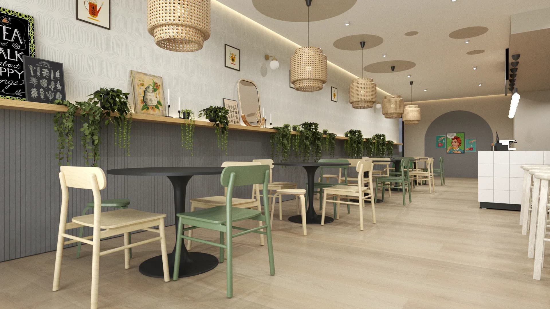 Wide view of a cafe seating area with multiple woven rattan pendant lights hanging from a white ceiling with circular recessed cutouts, sage green and cream wooden chairs at dark round tables along a gray fluted wainscot wall, trailing greenery on a display shelf, light wood plank flooring, and a white tile counter area visible in the background