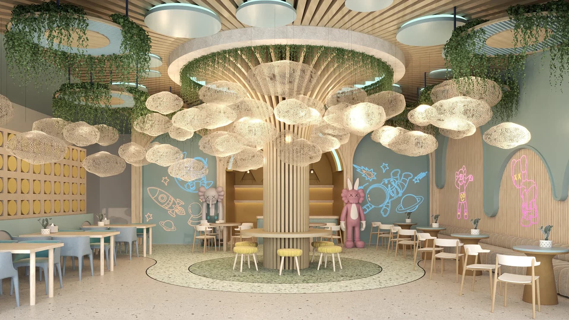 Central kids cafe area with a dramatic wooden slat tree canopy structure extending from floor to ceiling, surrounded by illuminated cloud-shaped mesh fixtures and cascading green foliage, pastel blue walls with whimsical chalk-style space drawings, a pink rabbit character statue, arched wooden doorways, yellow and white child-sized chairs at round tables on light terrazzo flooring