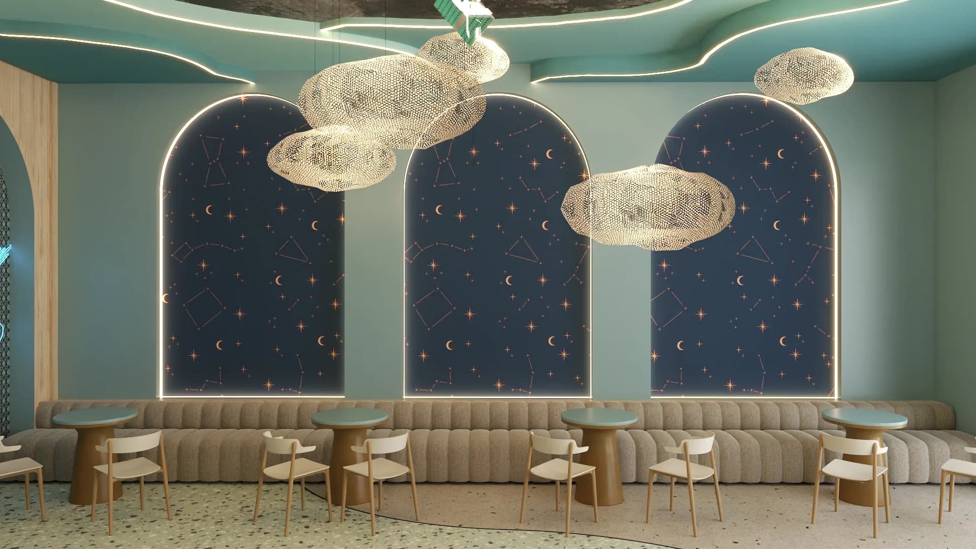 Space-themed kids cafe banquette seating area with three large arched panels featuring dark navy constellation and moon wallpaper with gold LED outlines, beige channel-tufted bench seating along the wall, floating cloud mesh light fixtures overhead, mint green walls with wavy white LED ceiling lines, wooden chairs at small round tables on terrazzo flooring