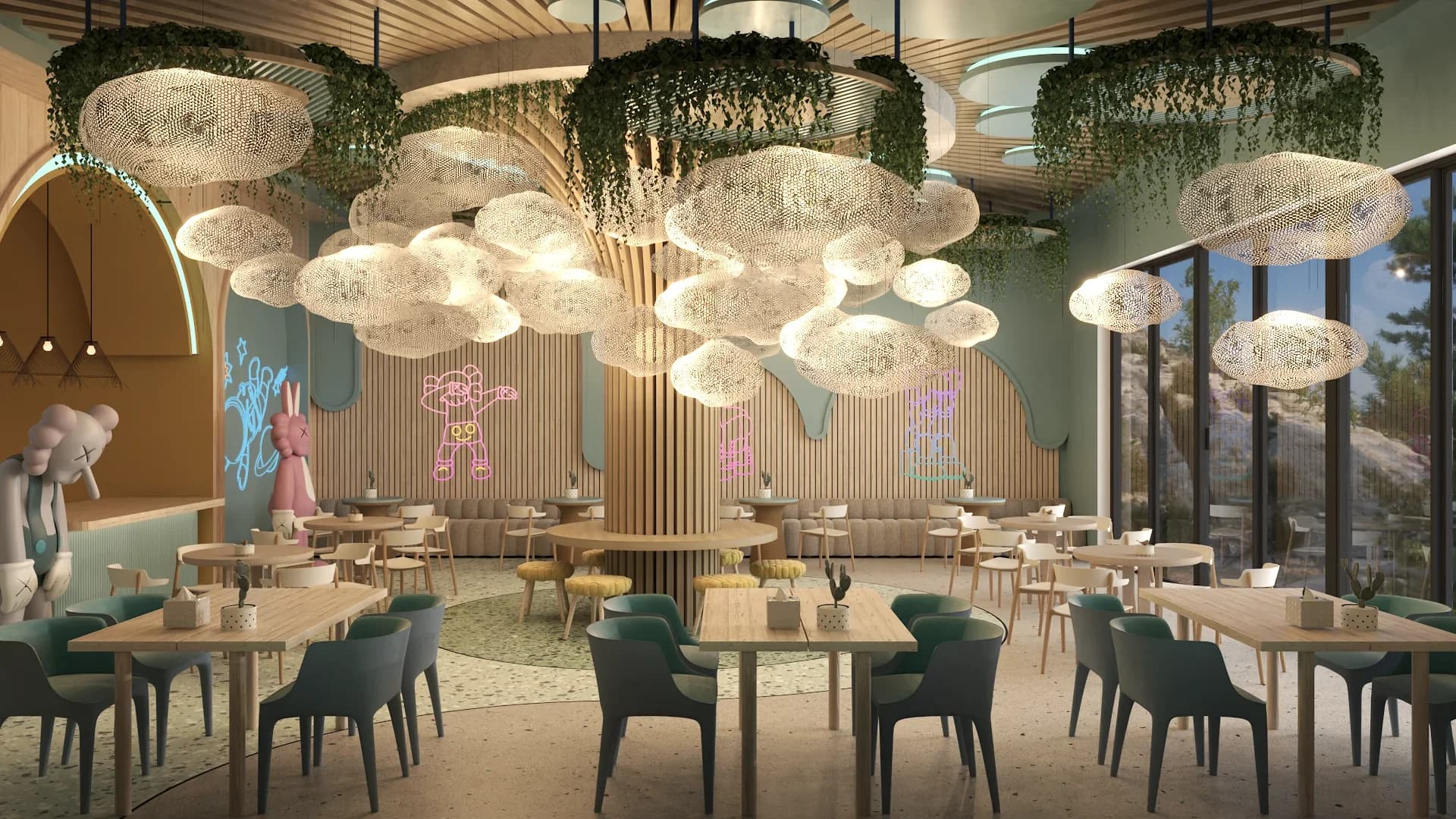 Kids cafe dining space with illuminated cloud mesh chandeliers hanging from a wooden slat ceiling with trailing greenery, teal upholstered chairs and natural wood tables, colorful neon line drawings of space characters on a pastel blue and pink mural wall, floor-to-ceiling windows on the right, and a beige sofa seating area in the background