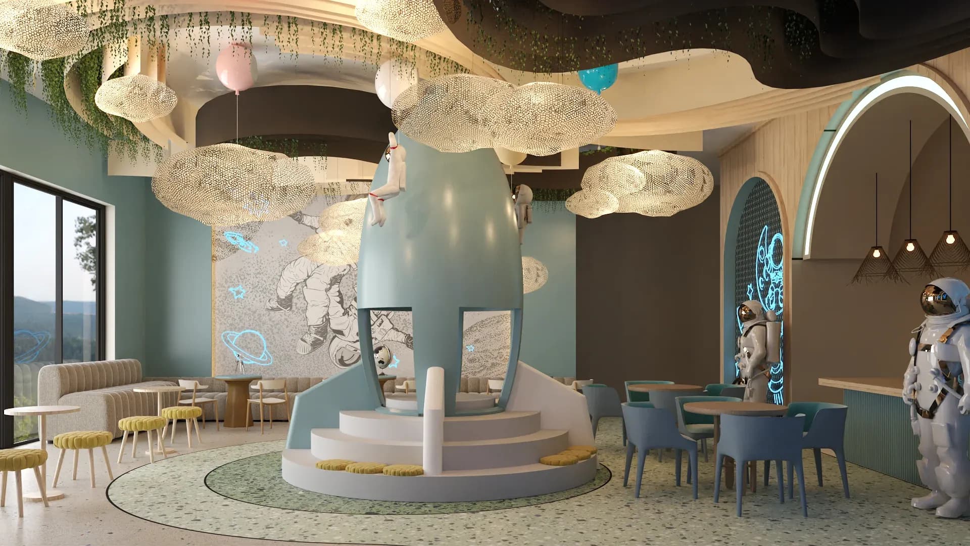 Space-themed children's cafe with astronaut wall murals in black and white with neon cyan accents, cloud-shaped translucent chandeliers, teal green walls with arched doorways, central turquoise rocket play structure, life-size astronaut decor figures, mixed child-size seating in blue yellow and teal, and terrazzo pattern floor designed by Debora Interiors
