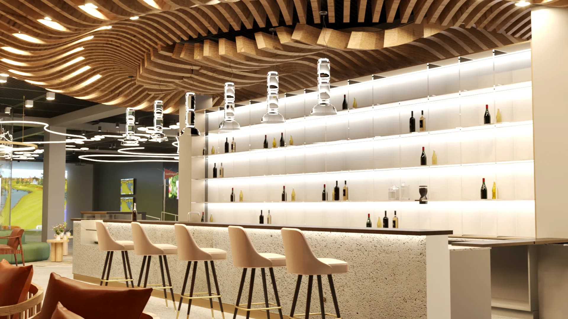 Terrazzo bar counter with beige stools under sculptural wavy wood slat ceiling and backlit shelves