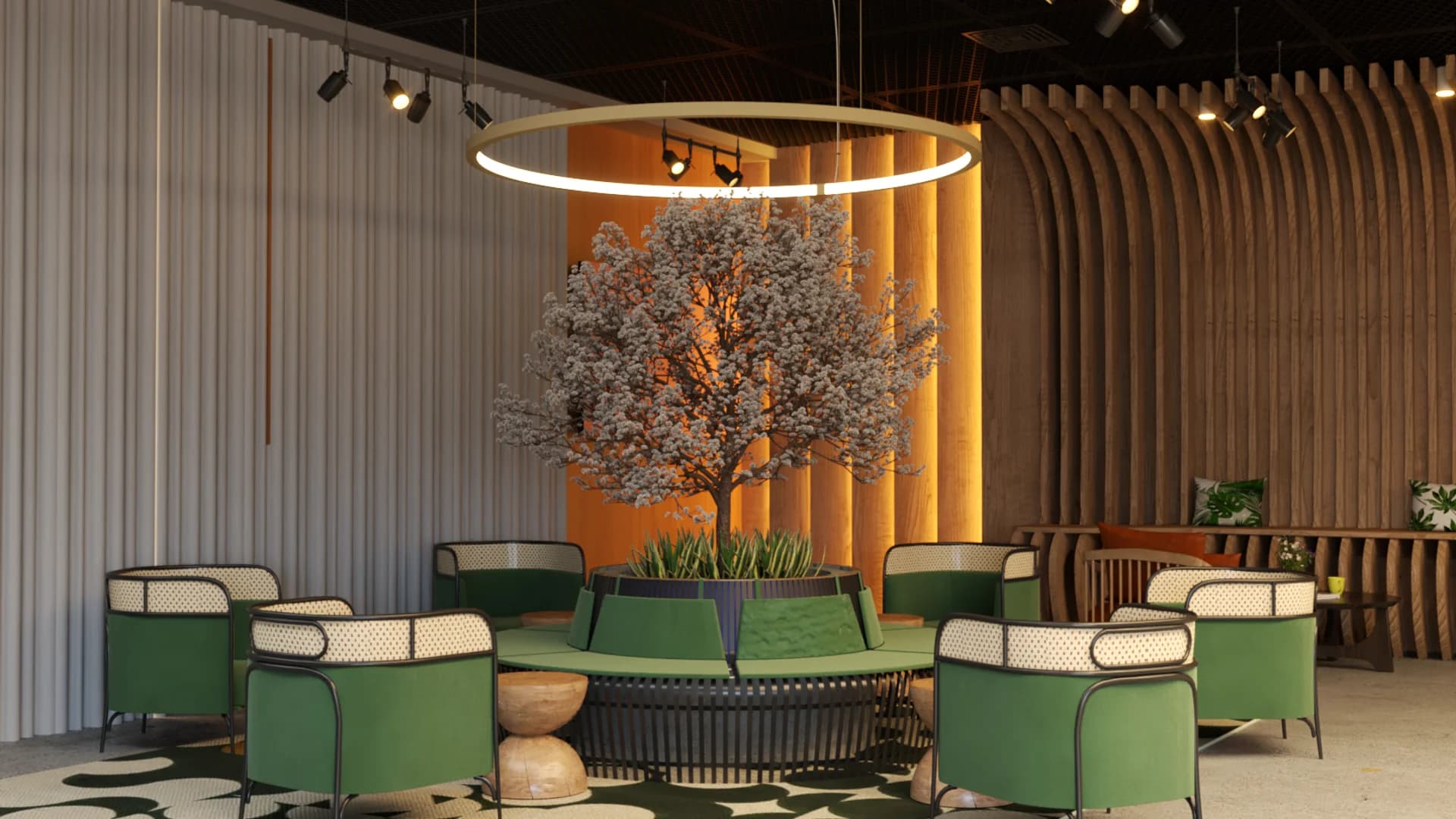 Ornamental tree centerpiece on circular planter surrounded by green lattice armchairs on rug