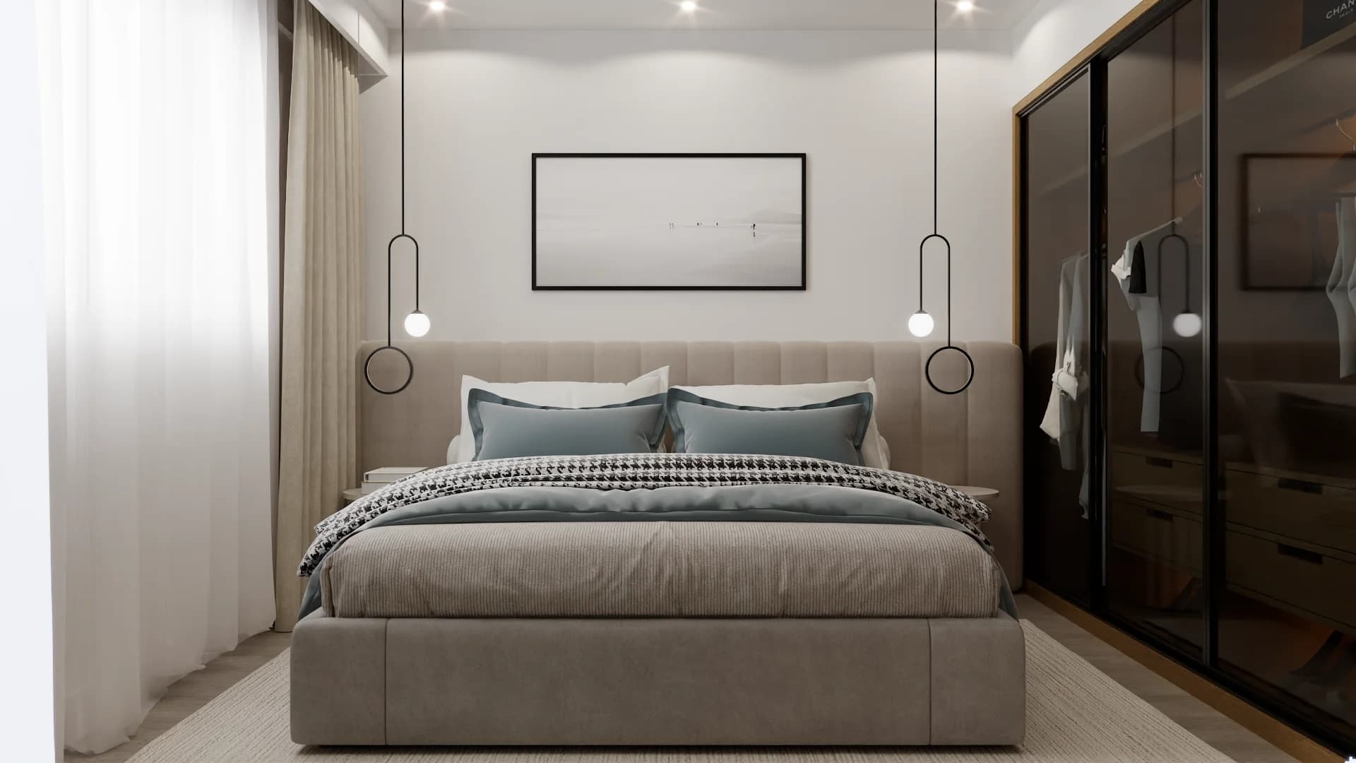 Bedroom with beige tufted headboard, pendant lights, and dark glass wardrobe