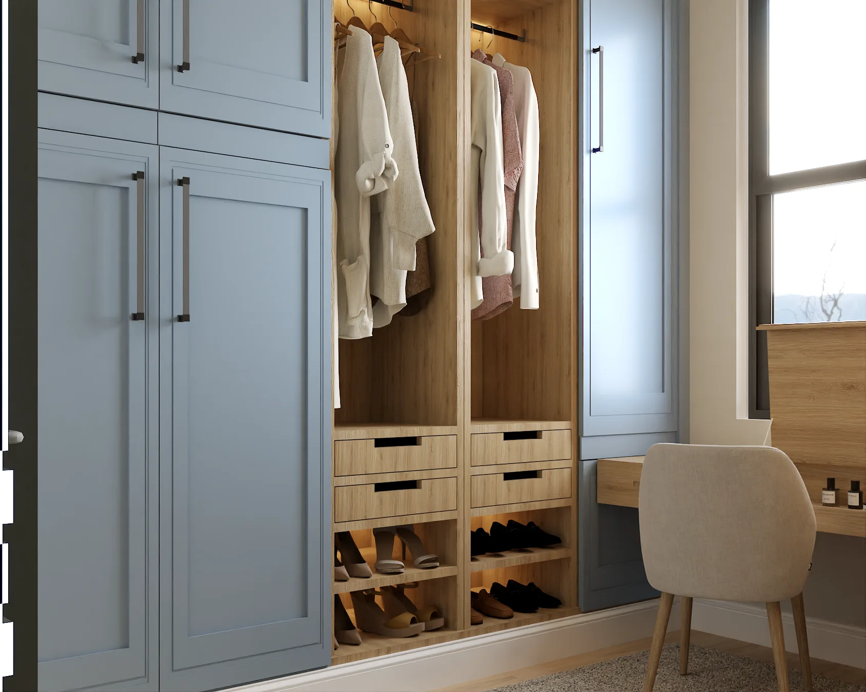 LED-lit hanging rods, oak drawer stack, and shoe rack between blue shaker doors
