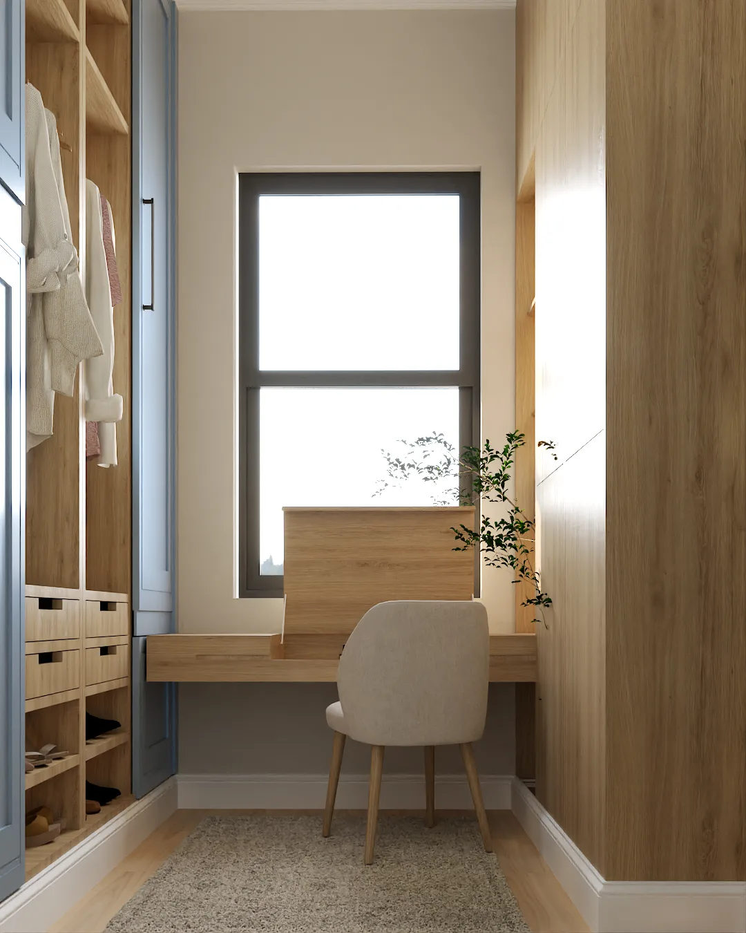 Built-in oak vanity desk under picture window flanked by blue shaker cabinets