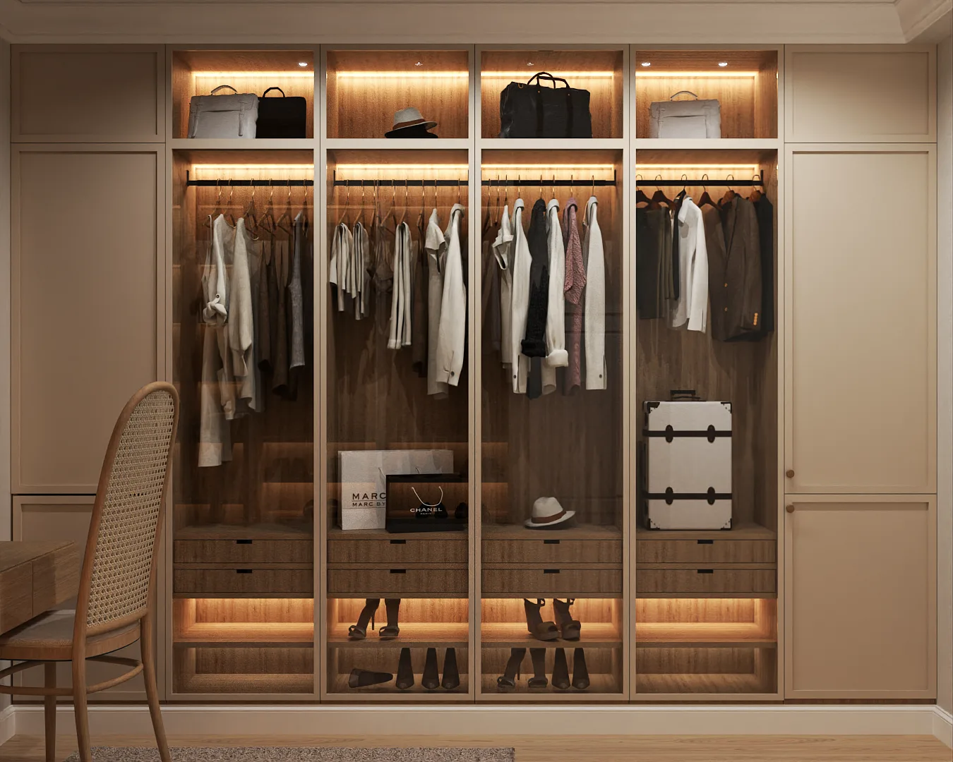 Cream and oak walk-in closet with LED-backlit glass wardrobe wall, warm amber strip lighting, hanging clothes on rods, open shoe shelves, and stacked drawers. Design by Debora, an online interior design service.