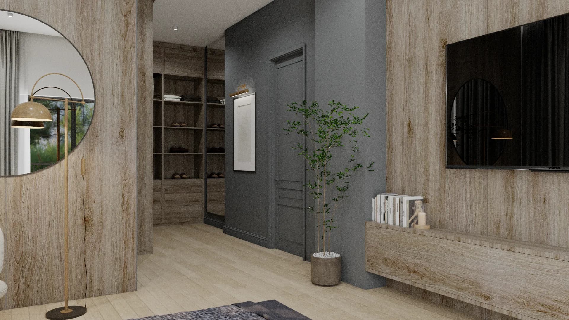 Dark walnut en-suite walk-in closet with open shelving, shoe storage, suitcase display, and matching wood veneer TV wall panel